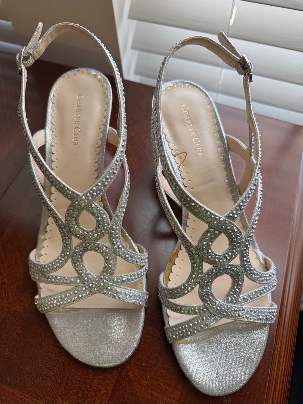 Charter Club Silver Rhinestone T-Strap Heeled Sandals (Size 10)